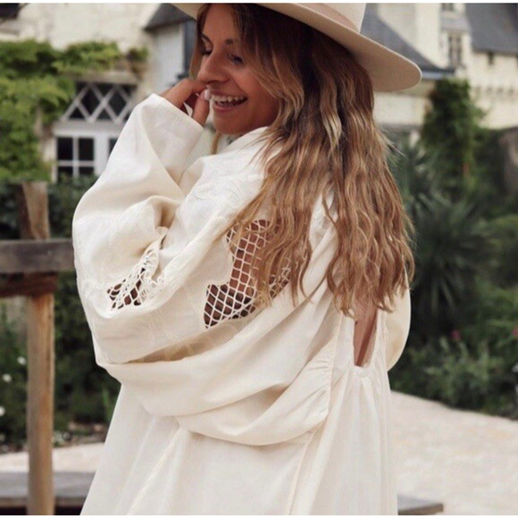 Voluminous Boho Puff Sleeve Mini Dress Womens OS Cream Backless Tie Back - Picture 1 of 10